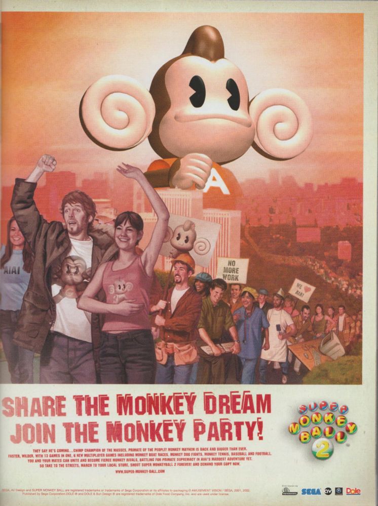 advertisement for super monkey ball 2 with an illustration of a parade of monkey ball fans captioned "SHARE THE MONKEY DREAM. JOIN THE MONKEY PARTY!"