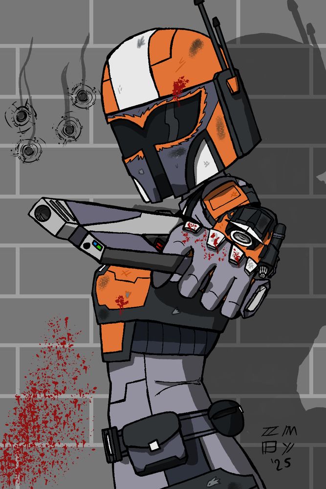 A Mandalorian warrior in orange and black armor stands side on to the POV, raising her blaster to a point just behind the camera. Her armor is sleek, with a wide visor and low profile armor plating. the armor itself is covered in scratches, burn marks and a few bloodstains

The brick wall behind her is also damaged, with multiple projectile impacts next to her head and a large bloodstain in the bottom left corner