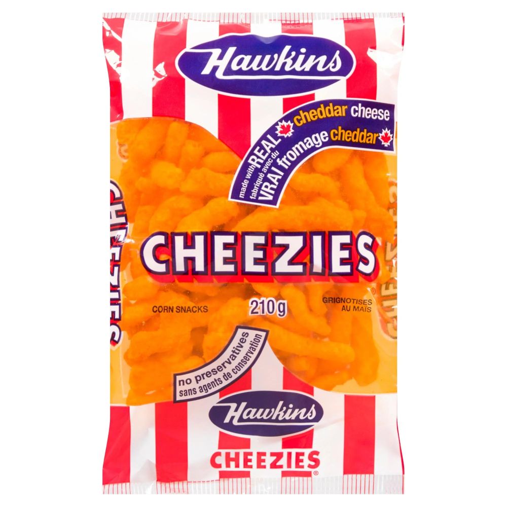 A red-and-white-striped bag of Hawkins Cheezies, which are superior in every way to Cheetos and their ilk