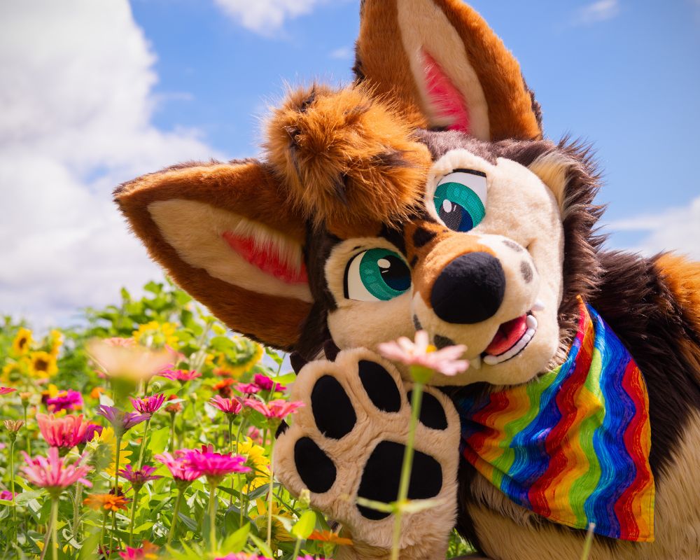 a coyote fursuiter in a sunny setting with one ear close to some flowers