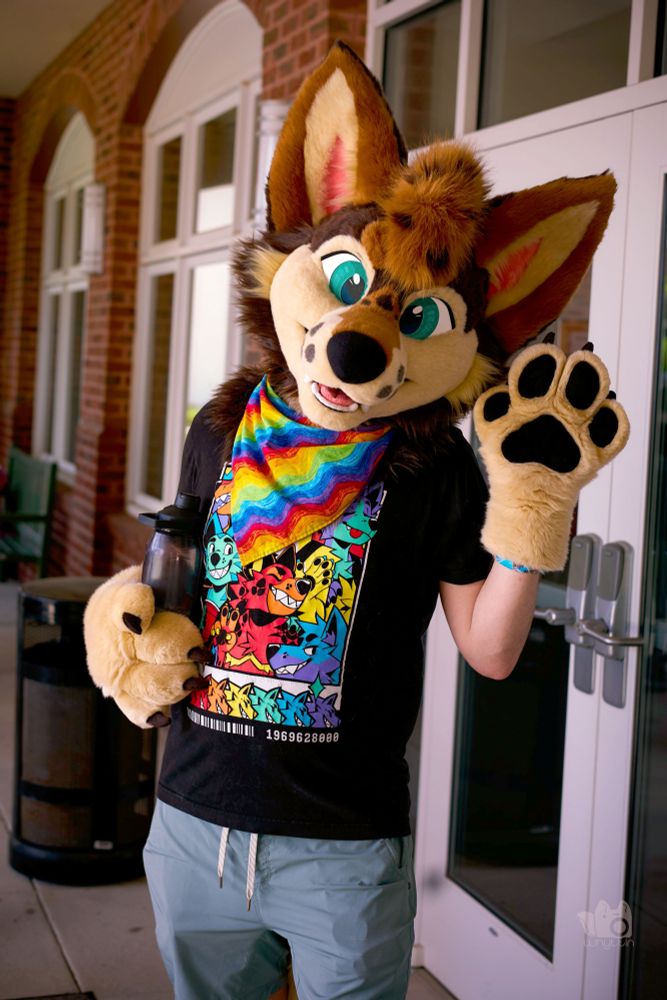 a coyote fursuiter in partial waves at the camera