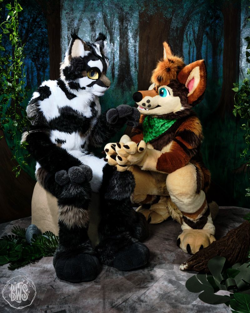 A coyote fursuiter proffers a mysterious egg to a housecat fursuiter in a prehistoric setting
