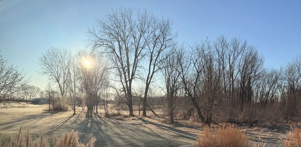 A frost-covered landscape being warmed by the sunrise