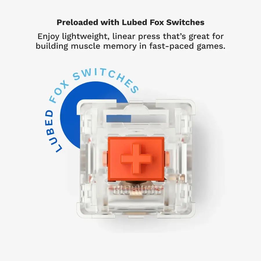 a keyboard switch with the tagline "Preloaded with Lubed Fox Switches"