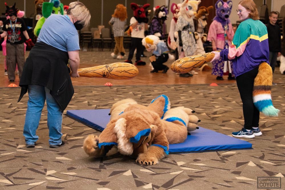 The same fursuiter on the ground, pounding it with his fist in defeat