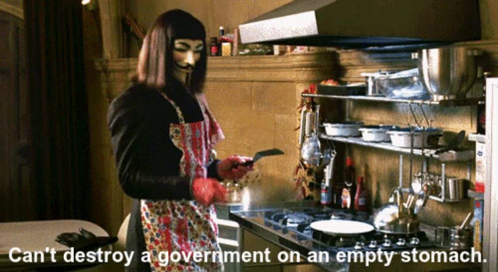 a man in a mask is cooking in a kitchen with the words can 't destroy a government