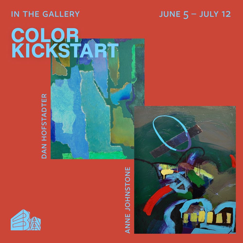 This is a poster advertising the opening of the Color Kickstart show (June 5). It features 2 blue and green toned paintings on a bright red background with the Brickbottom Artists Association logo.