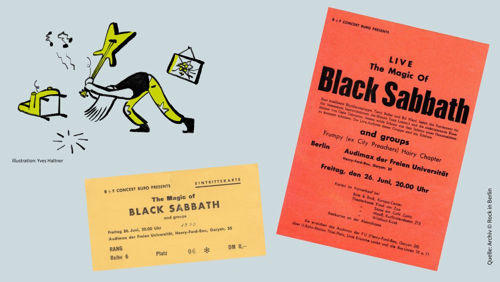 Illustration, Plakat und Tickets von einem Auftritt von Black Sabbath 1970 im Audimax der FU Berlin.