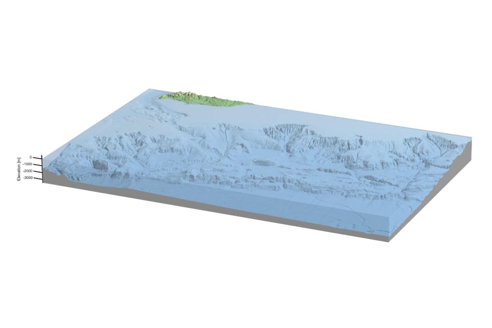 Die am Computer erzeugte Illustration zeigt Unterwasser-Canyons. Bildquelle: W. Schwanghart; Datenquelle: Beeson, J.W., Dartnell, P., Watt, J.T., 2025, Composite bathymetric surface of the northern Cascadia Margin offshore Washington: U.S. Geological Survey data release, https://doi.org/10.5066/P14SLWTD.