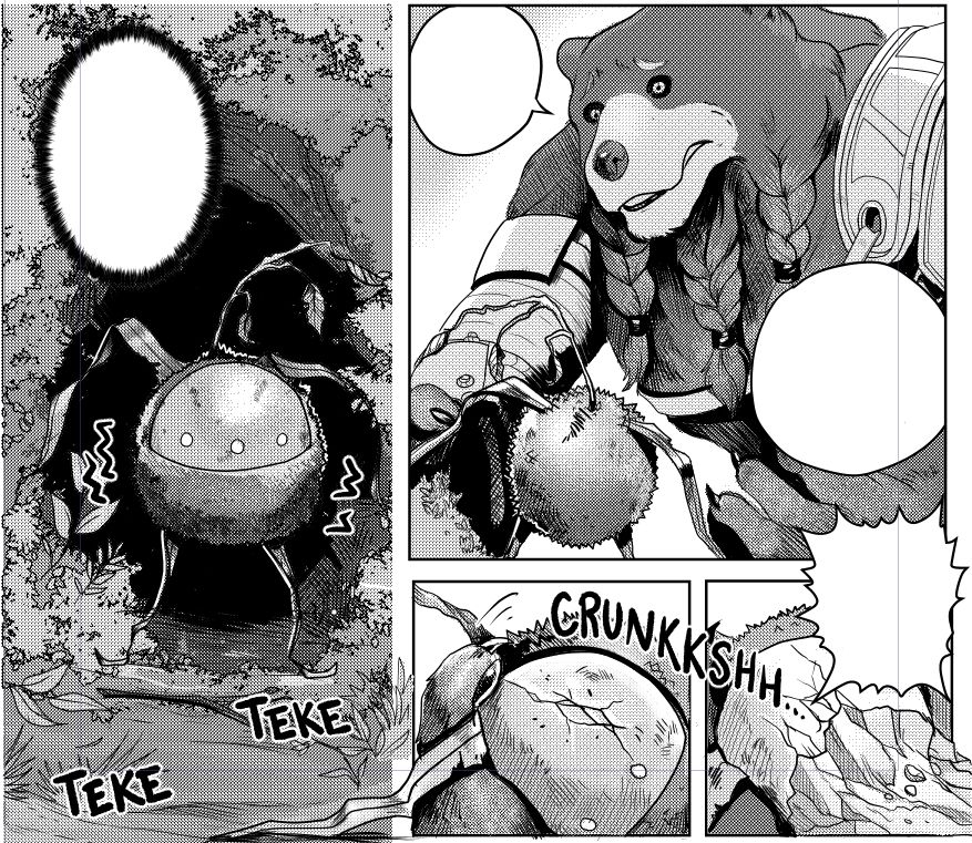 Series of comic panels from my comic Kaelis in which a Kumante (bear man) finds a small elemental of life that melts in his hands.