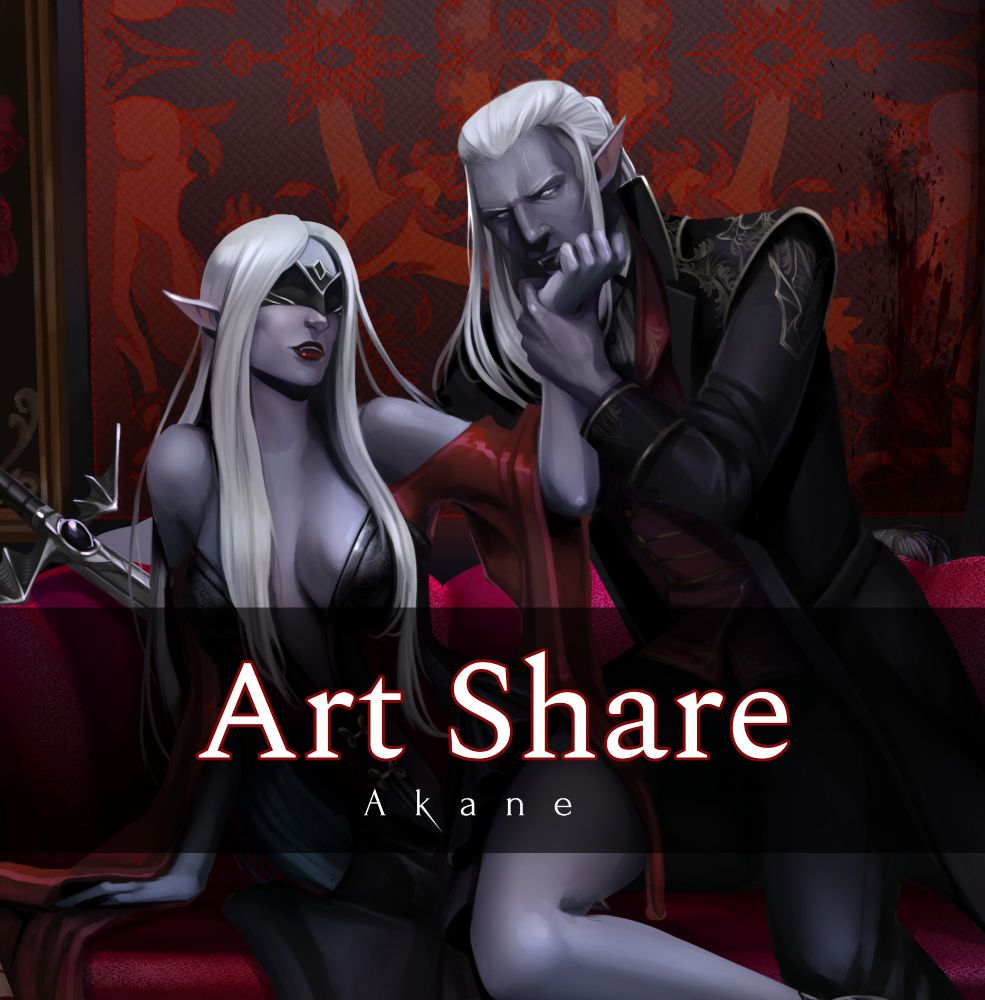 Image to advertise artshares. 
The word Artshare appears in the foreground together with ‘akane’ my signature. On the back I have used my illustration ‘The wrist kiss’.

Viridian and Radivan (OC's mine and @/kamomehex's). In this one Viridian is lying on a magenta velvet sofa, she is an elf with grey-purple skin and has very straight and long white hair falling down her back and shoulders. She wears a black and red dress, with a low-cut corset down to her stomach and a black blindfold with silver detailing as she is blind. She also has a big sword in her back. 

Radivan is also an elf with purple-grey skin but a bit darker. His hair is white and long, shaved on the sides and tied in a ponytail partially, leaving the bottom part loose. His eyes are white. He wears a long black jacket trimmed with gold details, a wine-red vest and black trousers. In the illustration he is grabbing Viridian's wrist and trying to bite her, baring his fangs.
