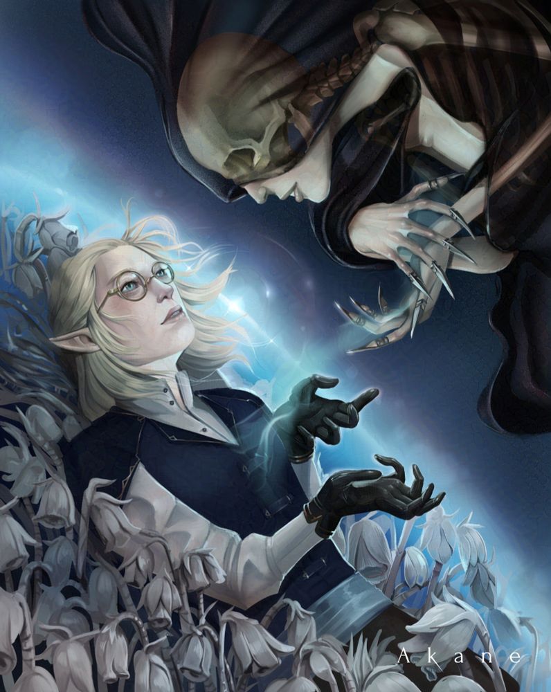 Ekael (dralion's OC) lying in a Monotropa uniflora field while Canorte (goddess of the plane of death and spirits in our world of Kaelis, OC of @/kamomehex) gently grabs part of his soul as he entrusts it to her.

Ekael is a young blonde and pale elf with blue eyes, who wear a glod eyeglasses, a blue vest, white shirt and black gloves. Canorte is only wearing a black tulle. The covered part shows through her skeleton and the naked part shows the woman's body. In her hands she wears claw-shaped rings.