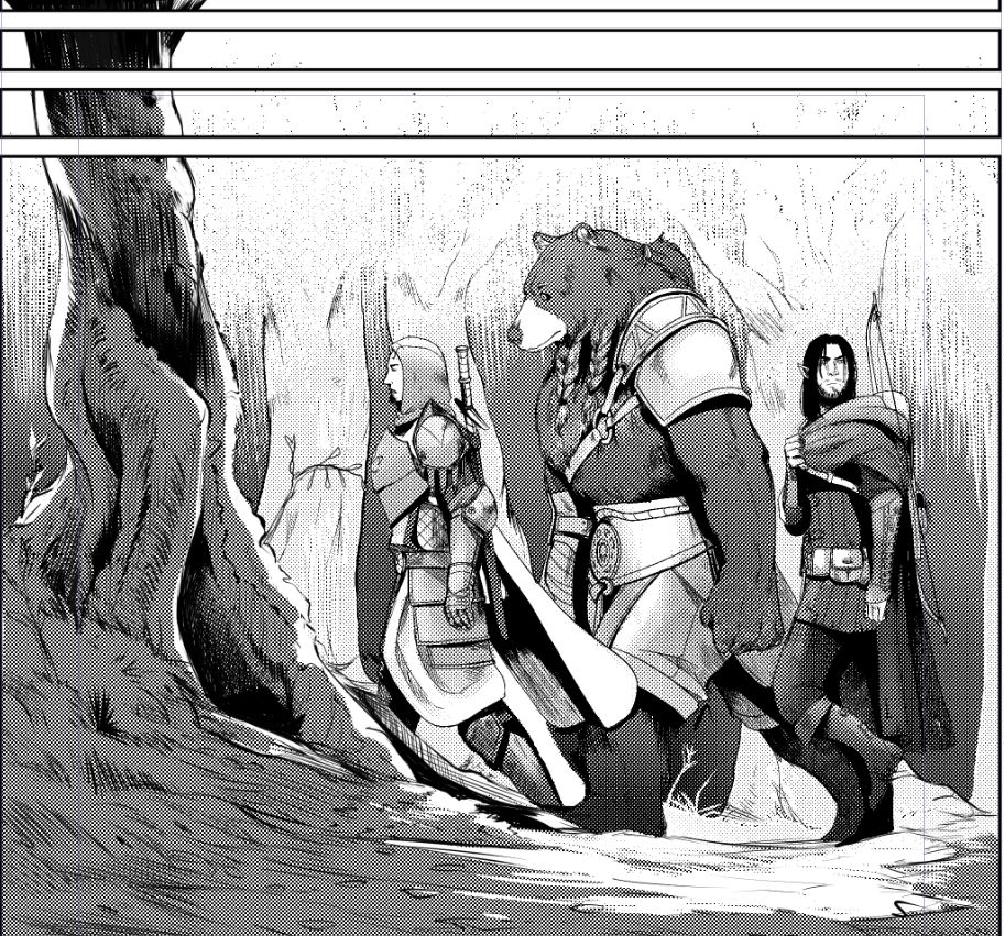 Panel from my comic Kaelis featuring a paladin (Liedan), a bear man (Zheun) and a hunter (Geriza) walking through a forest.