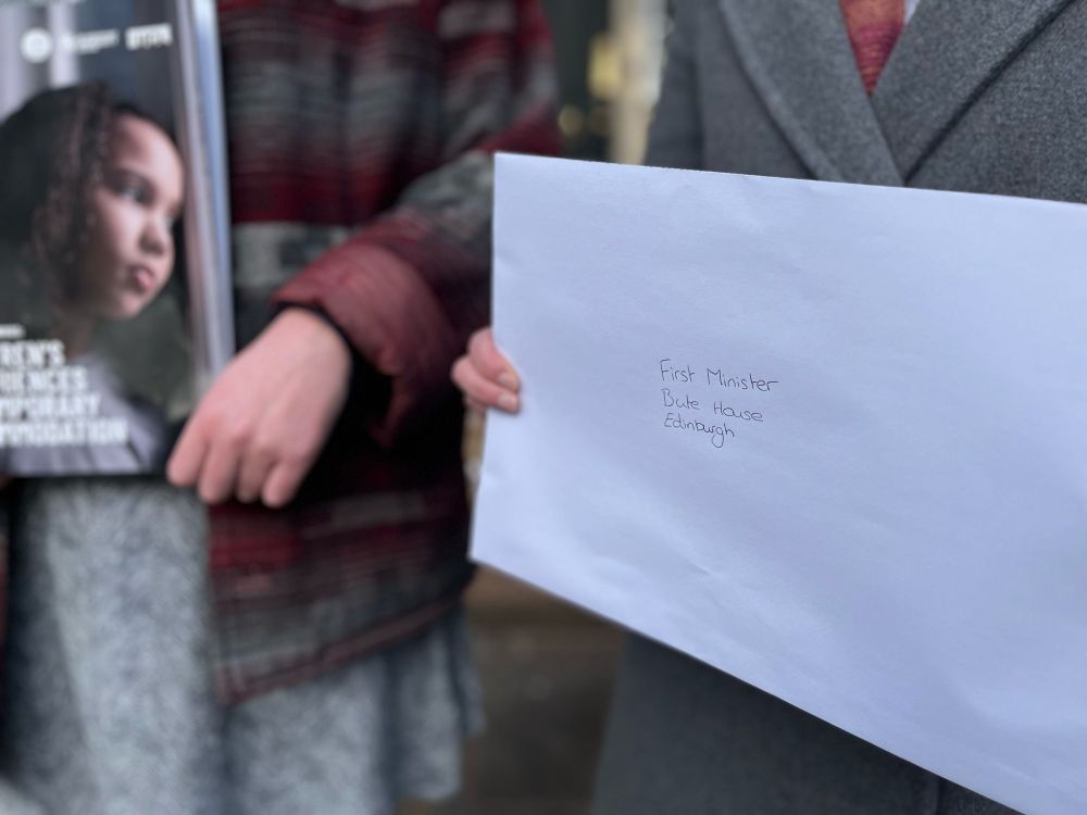 A close-up photo of an envelope containing a letter addressed to the First Minister of Scotland