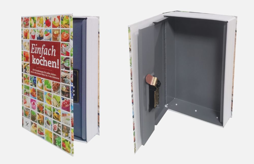 Eine als Buch getarnte Geldkassette mit einem bunten Buchumschlag, auf dem „Einfach kochen!" steht.