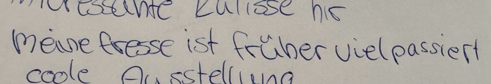 Handschrift mit dem Text: „Meine Fresse, ist früher viel passiert“