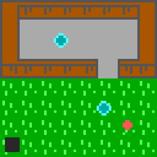 Screenshot of Room, showing two players in a room with a simple building and a meadow with a flower in front.