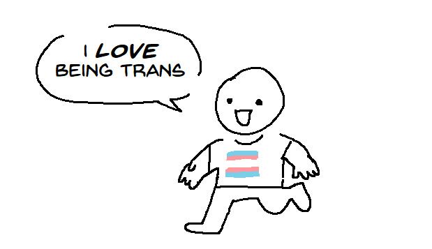 Mspaint doodle- a person strides forward, wearing a shirt with a trans flag. They say 