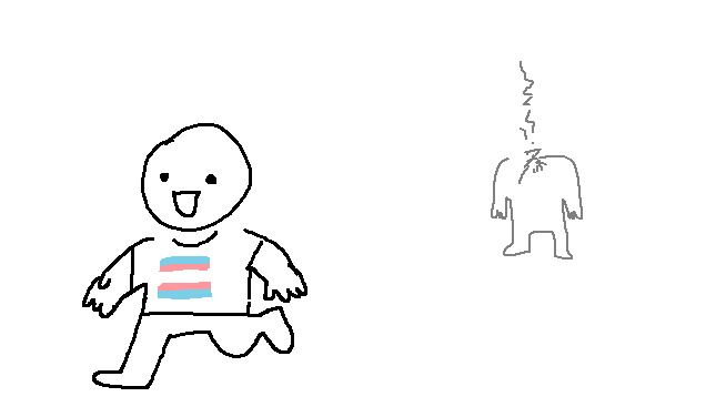 The accosting person stands, alive but expressionless as their headless torso smolders. The person in the trans shirt walks away, a stupidly happy grin still present.