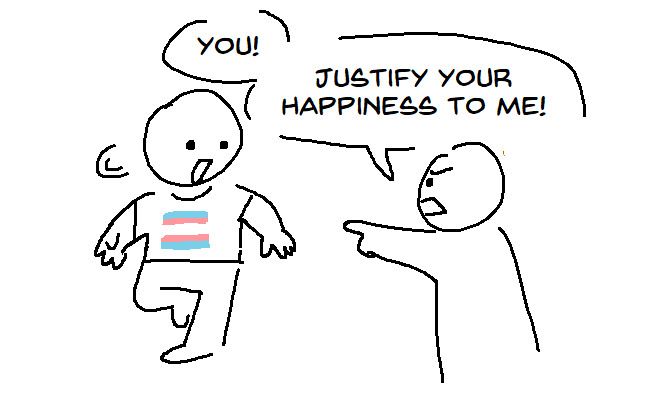 The person is stopped by someone else, who accusingly points while they say 