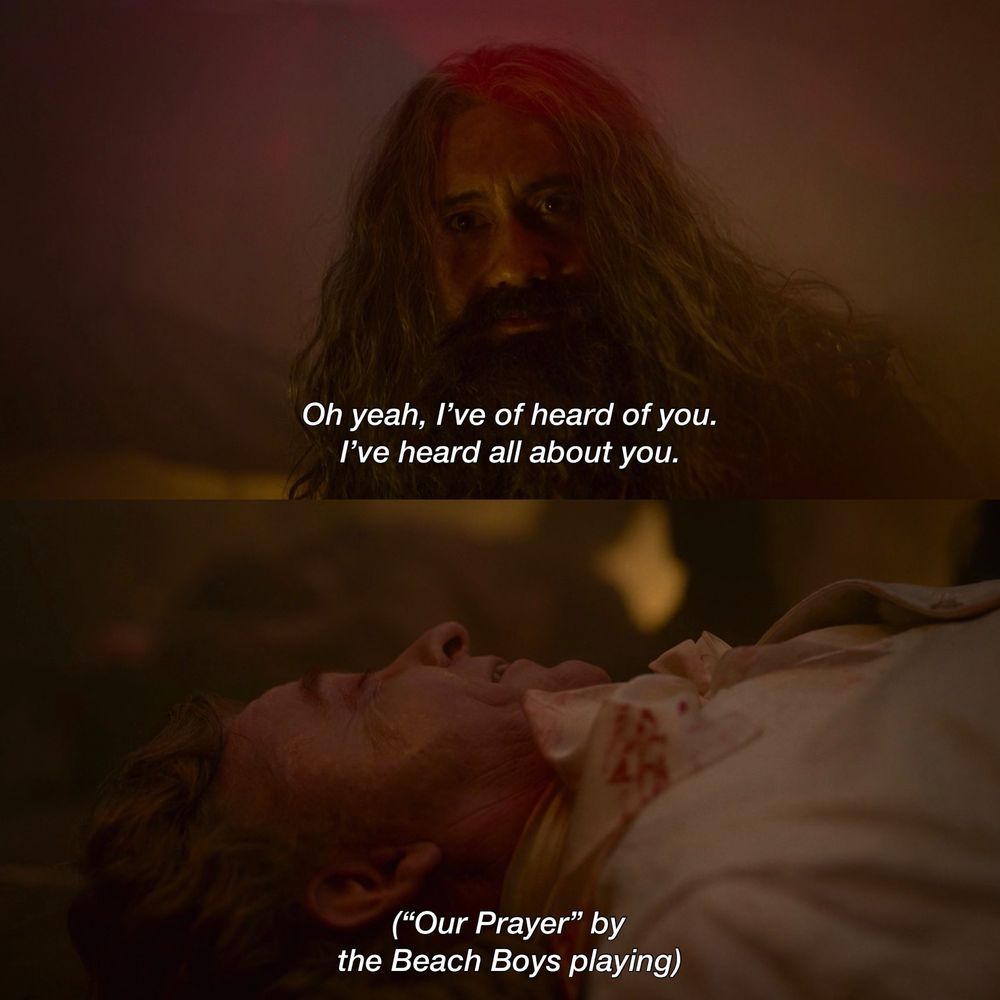 Two screenshots combined from OFMD S1

First screenshot is Blackbeard (Ed Teach) looking down at Stede Bonnet, "Oh yeah, I've heard of you. I've heard all about you.

Second screenshot: Stede lying on the ground and looking up at Ed, smiling. With subtitle '("Our Prayer" by the Beach Boys playing)'
