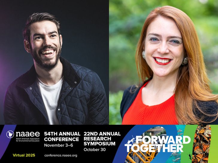 2025 NAAEE Keynote speakers Esteban Gast, educator and comedian, and MIT Climate Pathways Project Senior Associate Director Krystal Noiseux.