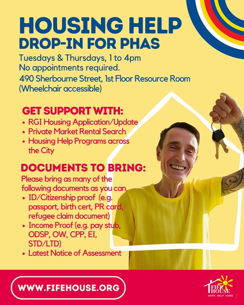 Composite image featuring photo of a smiling older man wearing a yellow t-shirt holding up a pair of keys on one hand. Words on image states: HOUSING HELP DROP-IN SESSION FOR PHAS, Tuesdays & Thursdays, 1 to 4pm 490 Sherbourne Street, 1st Floor Resource Room, wheelchair accessible, No appointments required. December 19 is last Drop-In session for 2024. Get support with: RGI Housing Application, Private Market Rental Search, Housing Help Programs across the City. Documents required.
