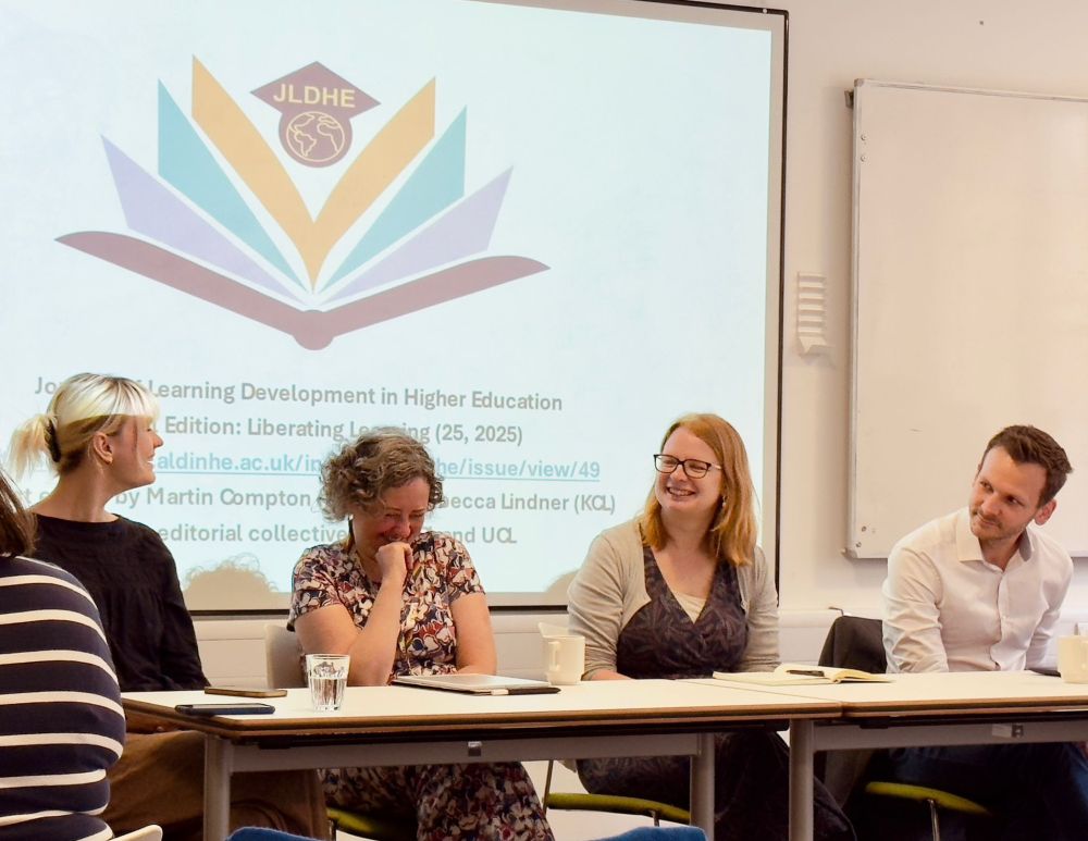 Cathy collapsed in giggles on a panel at the Centre for the Pedagogy of Politics annual workshop with three other colleagues
