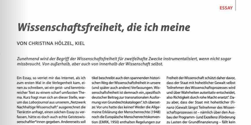 Screenshot aus dem im Post verlinkten Artikel mit Überschrift "Wissenschaftsfreiheit, die ich meine", Autorenzeile "VON CHRISTINA HÖLZEL, KIEL" und Vorspann mit dem Text: "Zunehmend wird der Begriff der Wissenschaftsfreiheit für zweifelhafte Zwecke instrumentalisiert, wenn nicht sogar missbraucht. Von außerhalb, aber auch von innerhalb der Wissenschaft selbst." Darunter angeschnitten die ersten Zeilen des Artikeltexts.
