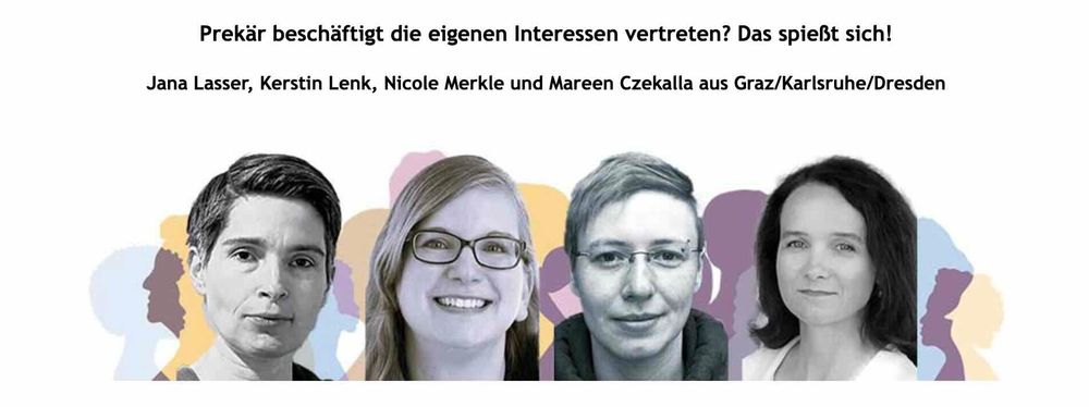 Überschrift "Prekär beschäftigt die eigenen Interessen vertreten? Das spießt sich!" sowie Autorenzeile des im Post verlinkten Artikels. Darunter Porträtfotos der vier Autorinnen.