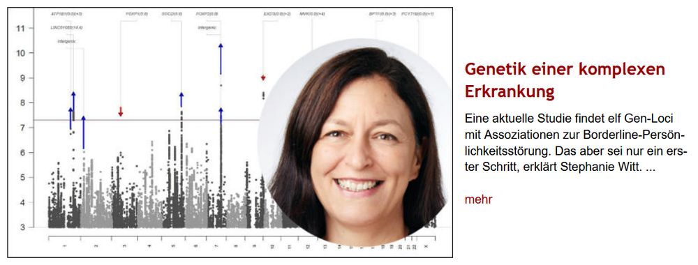 Links: Montage aus einem Bild von Stephanie Witt und einer Grafik eines Manhattan Plots der BPS-Studie von Stephanie Witt (re.) und Co. Rechts daneben steht die Überschrift des im Post verlinkten Artikels: „Genetik einer komplexen Erkrankung”. Es folgt dessen Vorspann mit dem Text: 
"Eine aktuelle Studie findet elf Gen-Loci mit Assoziationen zur Borderline-Persönlichkeitsstörung. Das aber sei nur ein erster Schritt, erklärt Stephanie Witt.“