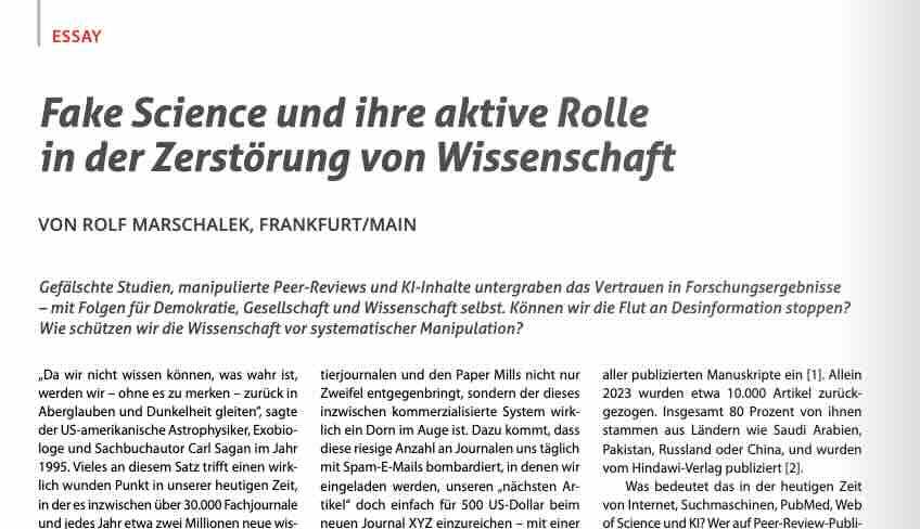 Screenshot aus dem im Post verlinkten Printartikel mit Überschrift "Fake Science und ihre aktive Rolle in der Zerstörung von Wissenschaft", gefolgt von Autorenzeile, Vorspann und ersten Zeilen des Artikeltexts.