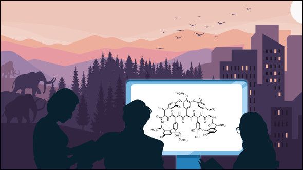 3 Leute schauen auf einen Bildschirm mit einer chemischen Strukturformel. Dahinter eine Landschaft mit Mammuts, Bergen, Bäumen, Vögeln und Hochhäusern.