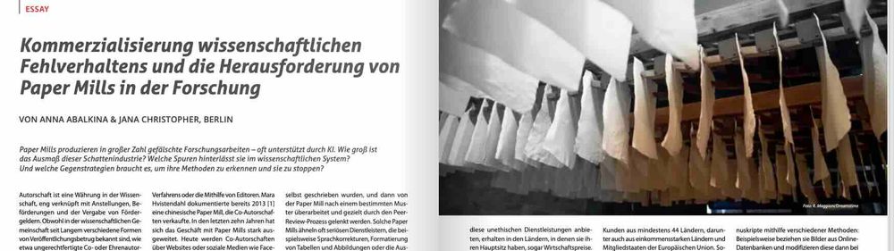 Screenshot aus dem im Post verlinkten Artikel. Darauf zu sehen: Überschrift "Kommerzialisierung wissenschaftlichen Fehlverhaltens und die Herausforderung von Paper Mills in der Forschung", darfunter Autorinnenzeile "Von Anna Abalkina & Jana Christopher, Berlin", wiederum darunter Vorspann mit dem Text: "Paper Mills produzieren in großer Zahl gefälschte Forschungsarbeiten – oft unterstützt durch KI. Wie groß ist das Ausmaß dieser Schattenindustrie? Welche Spuren hinterlässt sie im wissenschaftlichen System? Und welche Gegenstrategien braucht es, um ihre Methoden zu erkennen und sie zu stoppen?" Angeschnitten dann die ersten Sätze des Artikeltexts. Auf der rechten Seite ein KI-generiertes Aufmacherfoto von vielen Papierlappen, die zum Trocknen in langer Reihe von der Decke hängen.