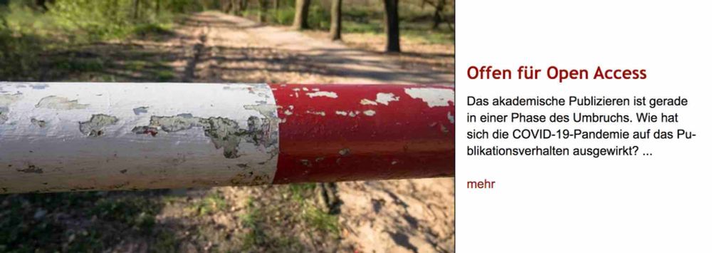 Foto: Im Vordergrund Ausschnitt einer geschlossenen rot-weißen Schranke, die einen Waldweg im Hintergrund versperrt. Rechts daneben Überschrift "Offen für Open Access" des im Post verlinkten Artikels, gefolgt von dessen Vorspann. 