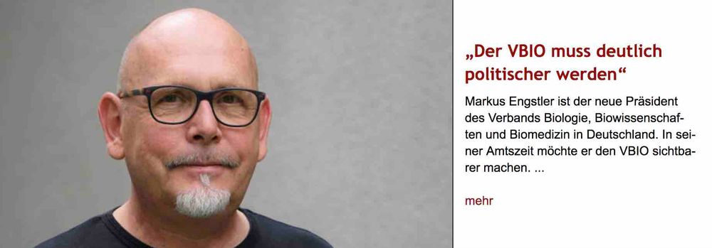 Porträtfoto des Parasitologen Markus Engstler, neuer Prädident des  Verbandes Biologie, Biowissenschaften und Biomedizin in Deutschland (VBIO). Rechts daneben Überschrift "'Der VBIO muss deutlich politischer werden'", des im Post verlinkten Artikels, gefolgt von dessen Überschrift.