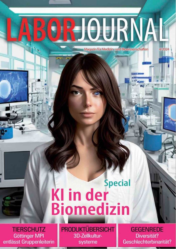 Titelblatt der aktuellen Laborjournal-Ausgabe mit Titelbild einer sehr weiblich gestalteten humanoiden Künstlichen Intelligenz im Labor und Titelzeile "Special: KI in der Biomedizin".