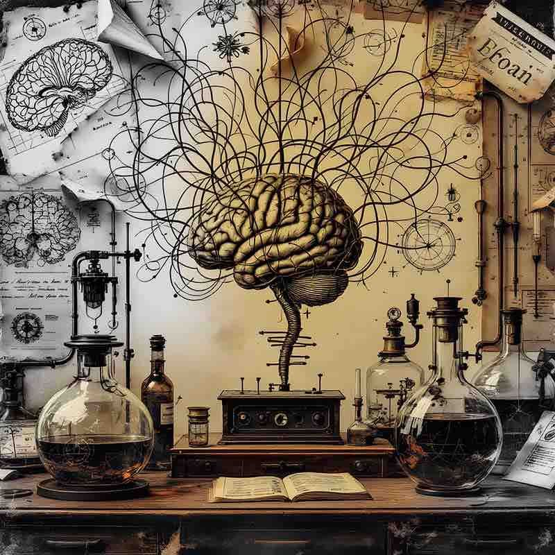 KI-generiertes Bild eines Labortischs im Vintage-Stil mit Flaschen, Laborbuch, Geraäten und Zetteln an der Wand dahinter. Einem Gerät im Hintergrund entwirft eine Projektion des menschlichen Gehirns, aus dem sich wirre Ausläufer in sämtliche Richtungen winden.
