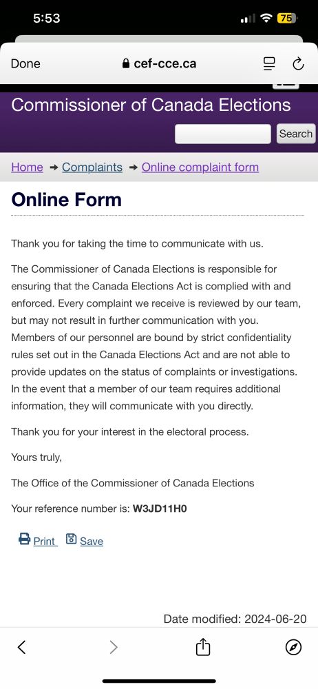 Elections Canada complaint acknowledgement 
