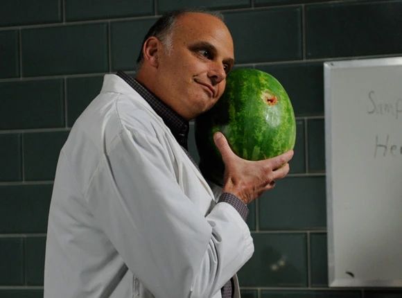 Photo of Kurt Fuller as Woodrow Strode from the TV show Psych. He is holding a watermelon. I do not remember what episode this is from or the context of the watermelon. 