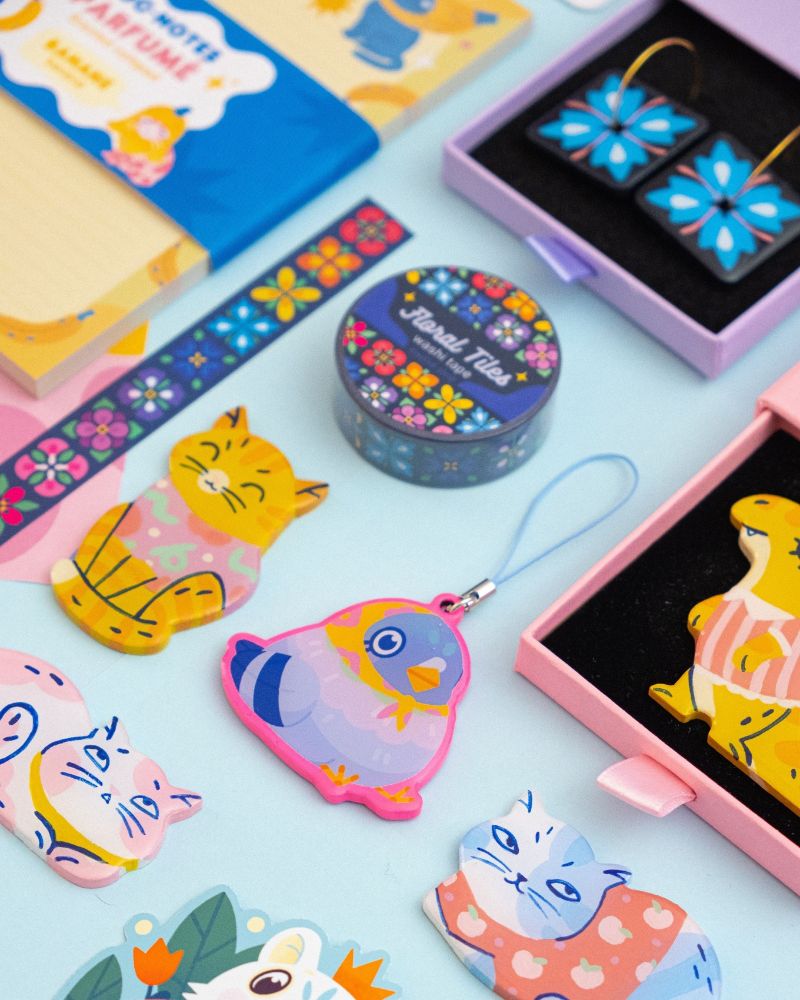 Colorful goodies from the shop update on a blue background