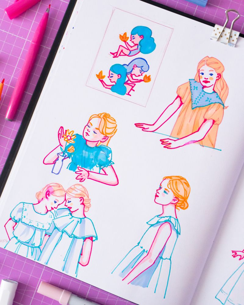 a series of gentle colorful girls portraits in a sketchbook - page 1