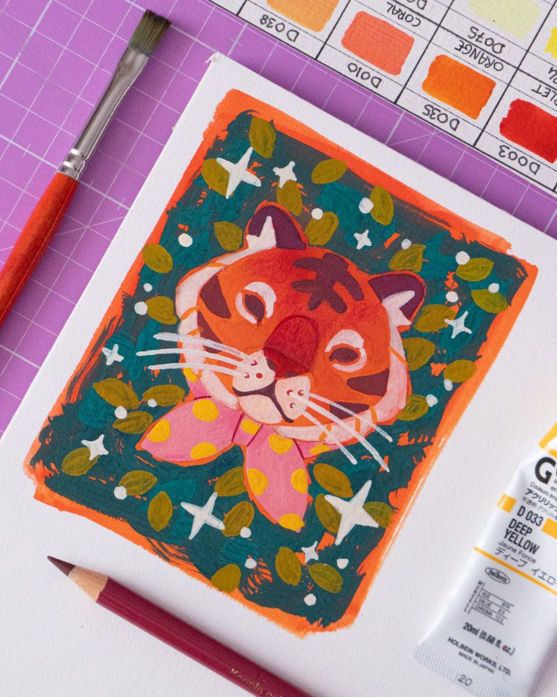 a vibrant expressive painting of a tiger wearing a pink polkadot bow on a dark green background