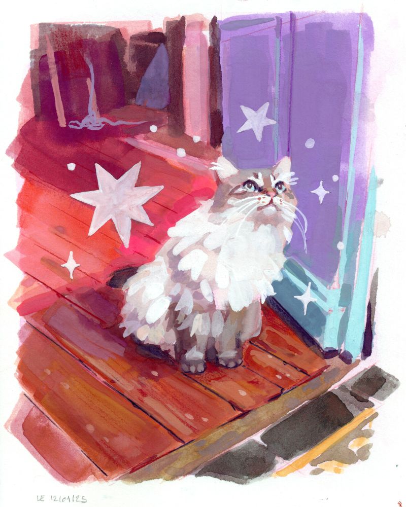 A colorful painting of a cream color fluffy cat, she is staring at something above her head with curious blue eyes. She is surrounded by stars and sparkles