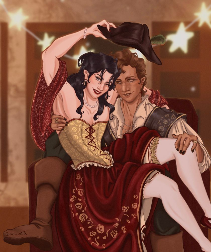 Remus and Sirius posing with their Halloween costume in a couch. Sirius is wearing a gold Corset with a velvet red skirt and Remus a pirate matching outfit 
