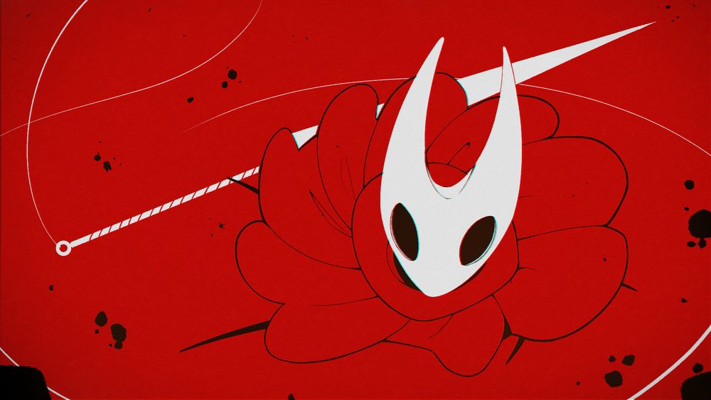 A drawing of Hornet from Hollow Knight (A female warrior that wears a white mask/helmet with two large horns that make it look like an elongated waning crescent moon, wearing a red coat) preparing herself to jump towards the viewer wielding her nail sword with a strand of silk attached to it
