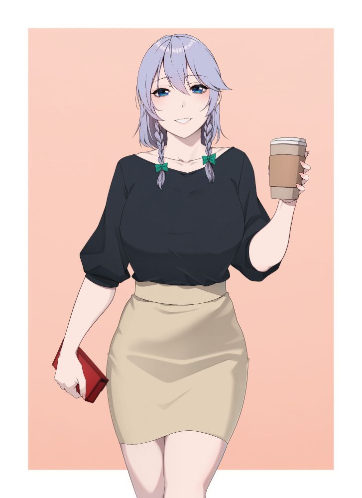 A picture of Sakuya Izayoi from Touhou project dressed with a beige skirt and a black mid lenght blouse holding a red purse and a cup of coffee looking at the viewer while smiling.