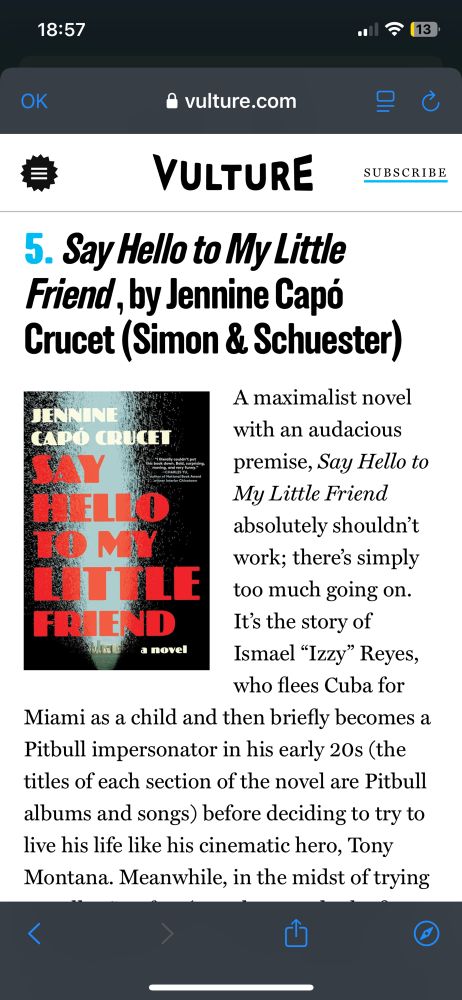 Fragmento da crítica en Vulture da novela “Say hello to my little friend”, de Jennine Capó Crucet:
«A maximalist novel with an audacious premise, Say Hello to My Little Friend absolutely shouldn't work; there's simply too much going on. 
It's the story of Ismael "Izzy" Reyes, who flees Cuba for Miami as a child and then briefly becomes a Pitbull impersonator in his early 20s (the titles of each section of the novel are Pitbull albums and songs) before deciding to try to live his life like his cinematic hero, Tony Montana. Meanwhile, in the midst of trying (…)»