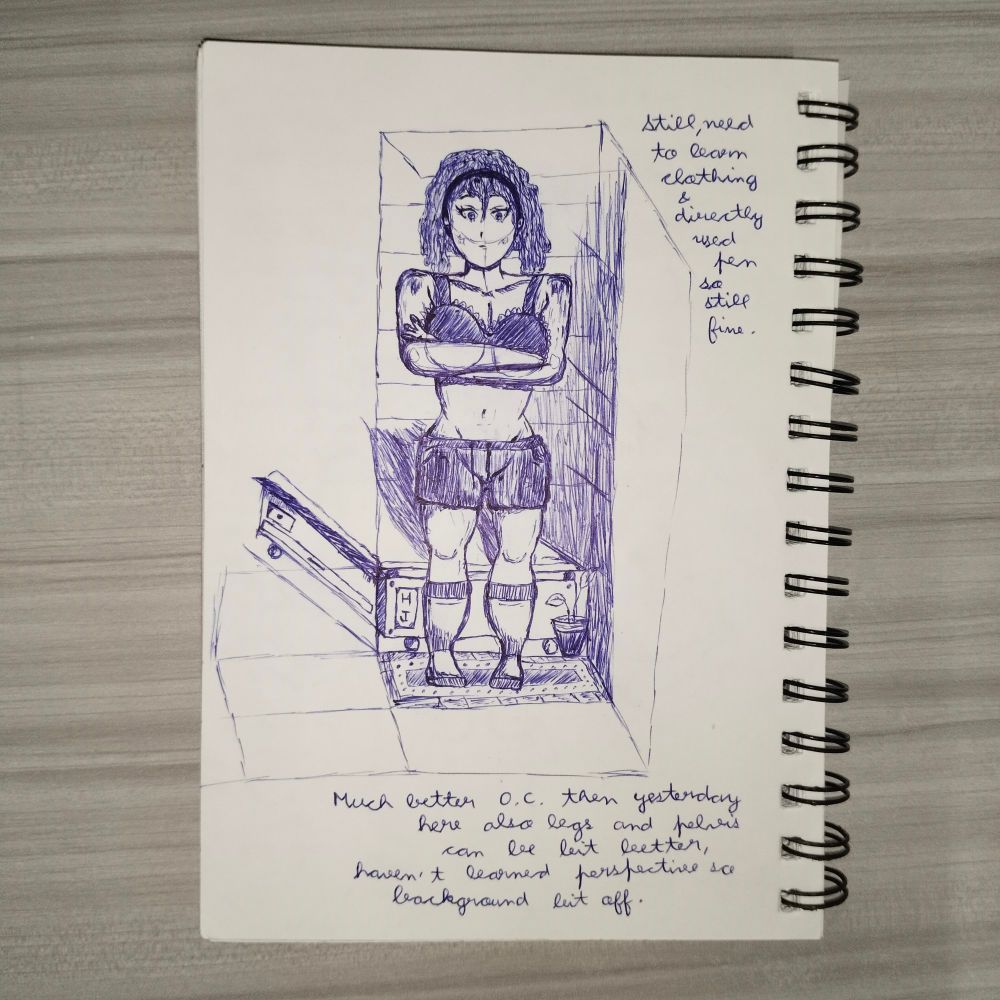 Just a female standing one of my original character and here with her hands folded around her breasts and she is wearing a bra and shorts here her hips are out of proportion and her face looks kinda messy. Just also did pen work directly.