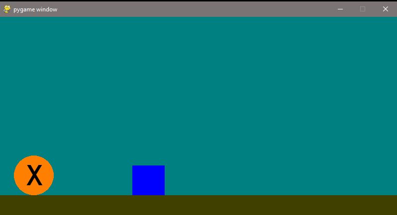 A pygame window with an orange circle marked with an X and a blue square
